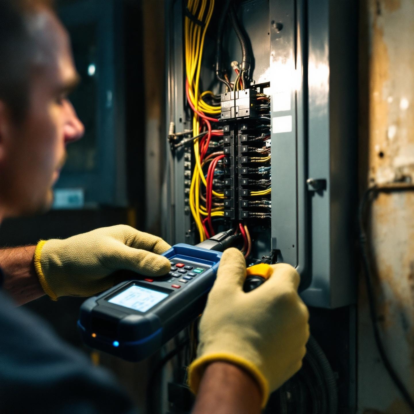 Electrician working on a residential circuit breaker panel