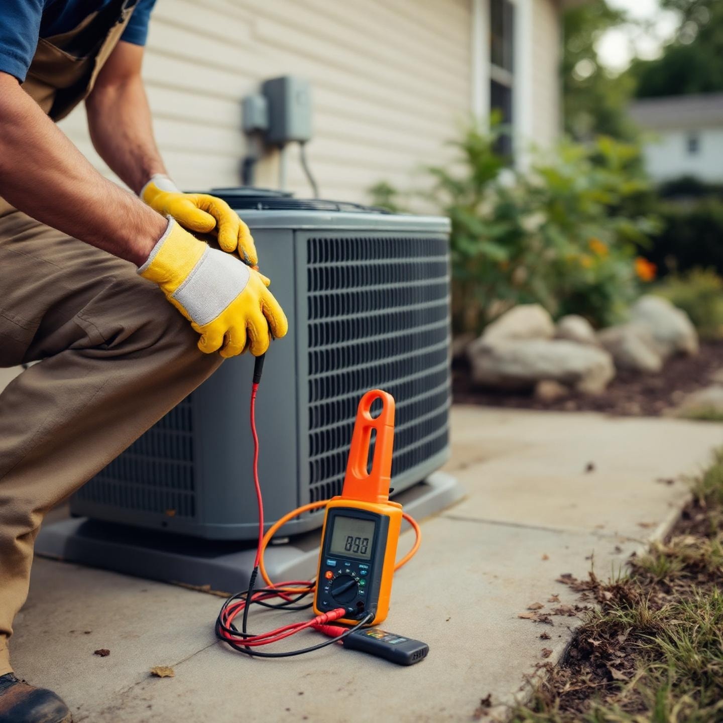 HVAC technician servicing an outdoor air conditioner unit