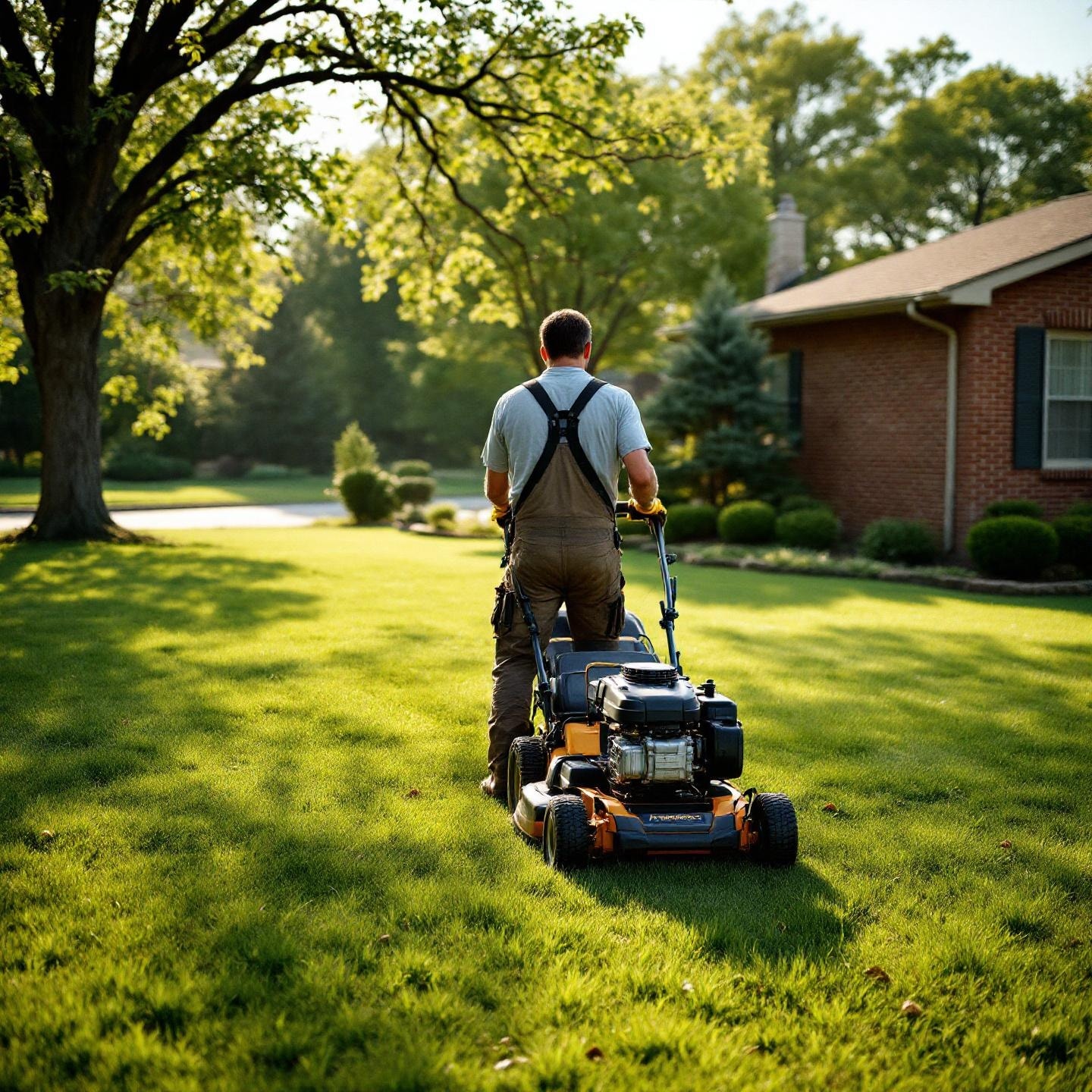 Landscaping crew mowing a residential lawn