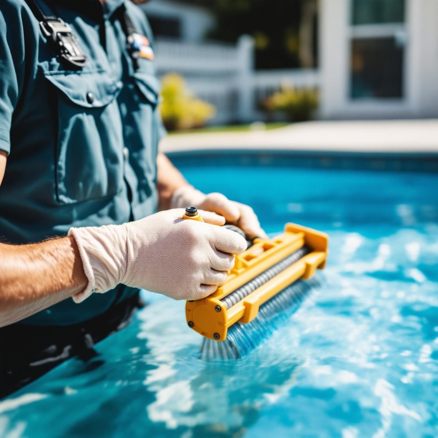 Pool service technician maintaining a residential pool
