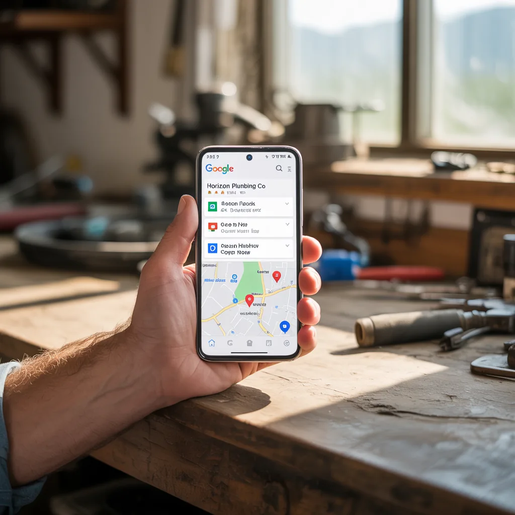 Phone showing Google Maps with local business search results