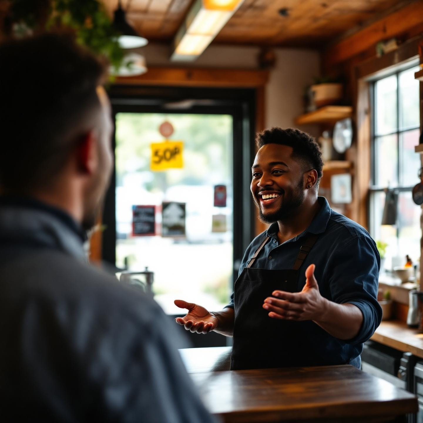 Small business owner serving a customer at the counter
