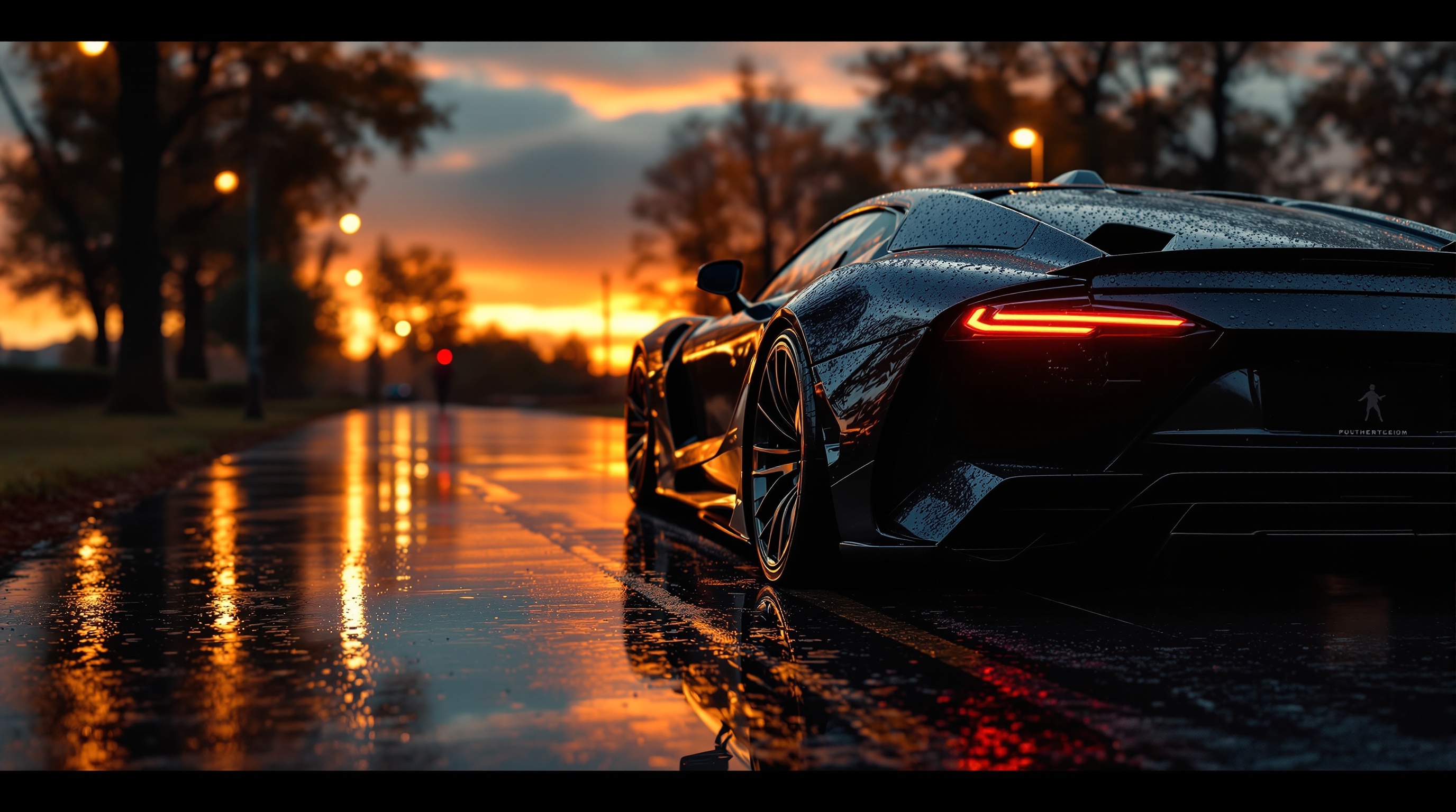 Freshly detailed glossy black car with water beading at sunset