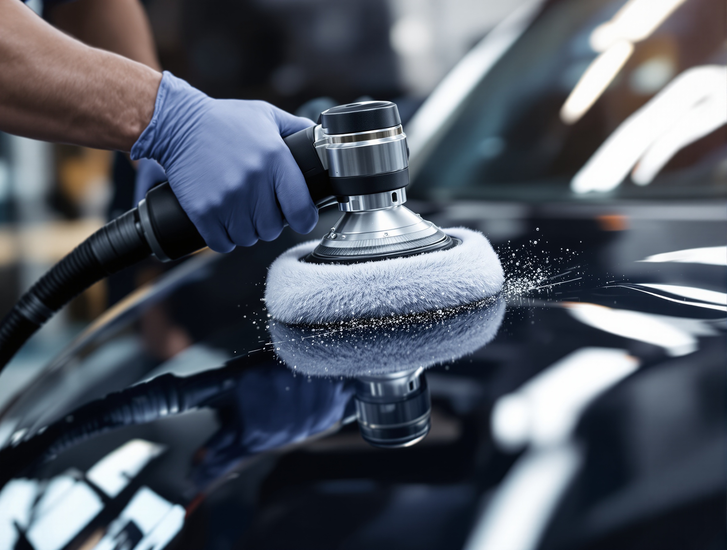 Detailer polishing car paint with a buffer